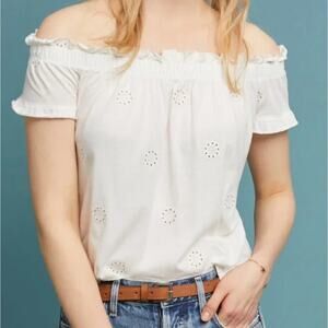 THREE DOTS Anthropologie Off‎ Shoulder White Embroidered Blouse Women's Size Med